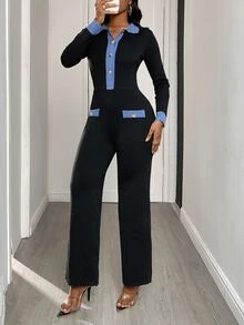Dekonique Dekonique 女士休闲/办公室通勤撞色半扣开衫和连体裤套装，秋冬 - 黑色 - 查看 2