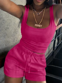 Dekonique Dekonique Women's Square Neck Solid Color Casual Tank Top And Shorts 2 Pieces Set, Summer - Hot Pink - View 4