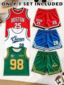 SHEIN 1 Random Set Boys Round Neck Tank Top And Shorts, Toddler Boys Number Print Casual Streetwear Basketball Sports College Style Daily Wear, Suitable For Spring Summer Autumn, 4-7y - Multicolor - View 1