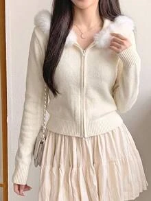 DAZY Women's Plush Patchwork Casual Versatile Daily Wear Hooded Cardigan - White - View 4