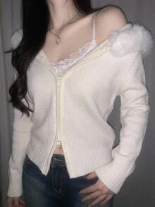DAZY Women's Plush Patchwork Casual Versatile Daily Wear Hooded Cardigan - White - View 1