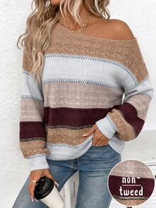 EMERY ROSE Women's Colorblock Asymmetric Shoulder Casual Daily Long Sleeve Sweater - Multicolor - View 2