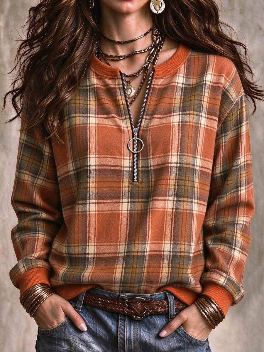 EMERY ROSE 大尺碼女款黑色休閒紋理條紋拉鍊圓領運動衫，秋冬簡約度假風長袖套頭上衣 - 彩色 - 查看 1