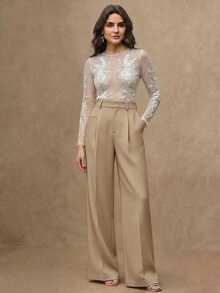 Anewsta Essential Women's Casual Commuter Minimalist Solid Color Seam Front Pocket Loose Wide Leg Suit Pants - Khaki - View 4