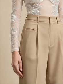 Anewsta Essential Women's Casual Commuter Minimalist Solid Color Seam Front Pocket Loose Wide Leg Suit Pants - Khaki - View 1