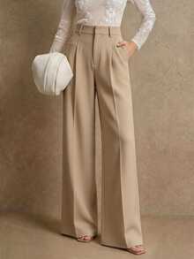 Anewsta Essential Women's Casual Commuter Minimalist Solid Color Seam Front Pocket Loose Wide Leg Suit Pants - Khaki - View 2
