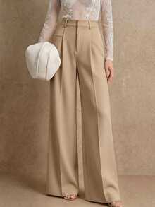Anewsta Essential Women's Casual Commuter Minimalist Solid Color Seam Front Pocket Loose Wide Leg Suit Pants - Khaki - View 5