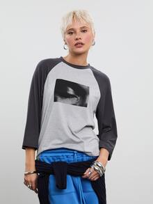 COUREZ Quarter Length Sleeve Raglan T-Shirt With Graphic / Y2K Graphic Tee Tops Fall Clothes For Women Autumn Outfits Women Halloween Party Going Out Tops - Grey - View 2