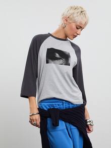 COUREZ Quarter Length Sleeve Raglan T-Shirt With Graphic / Y2K Graphic Tee Tops Fall Clothes For Women Autumn Outfits Women Halloween Party Going Out Tops - Grey - View 5