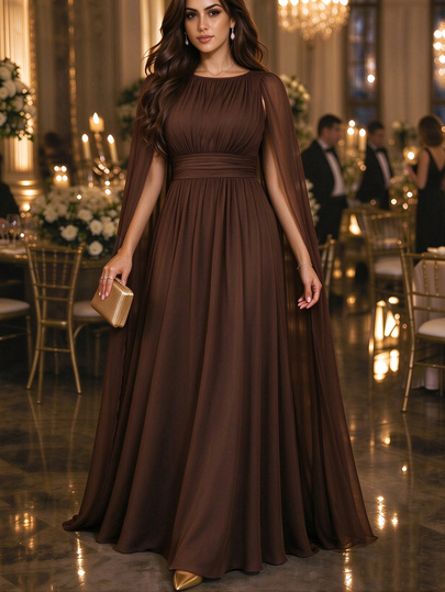 Velvienne Vestido Maxi Elegante Formal de Cóctel con Manga Capa para Mujer Talla Grande, Vestido de Noche con Cuello Redondo Plisado para Invitada de Boda y Cena, Color Marrón, Verano