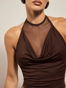 Hauture Women's Sexy Design Party Mesh Brown Layered Ruffled Halter Neck Tank Top - Brown - View 5