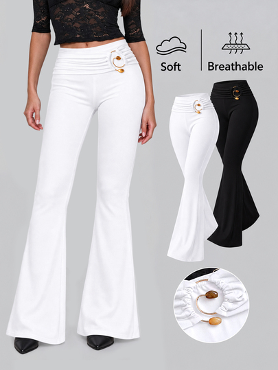 Sweetra Nuevo Conjunto de 2 Piezas de Pantalones Largos para Mujer con Pierna Acampanada, Hebilla de Metal, Casual, Cómodo, Elegante, Versátil y de Moda para el Verano, en Marrón Café y Negro