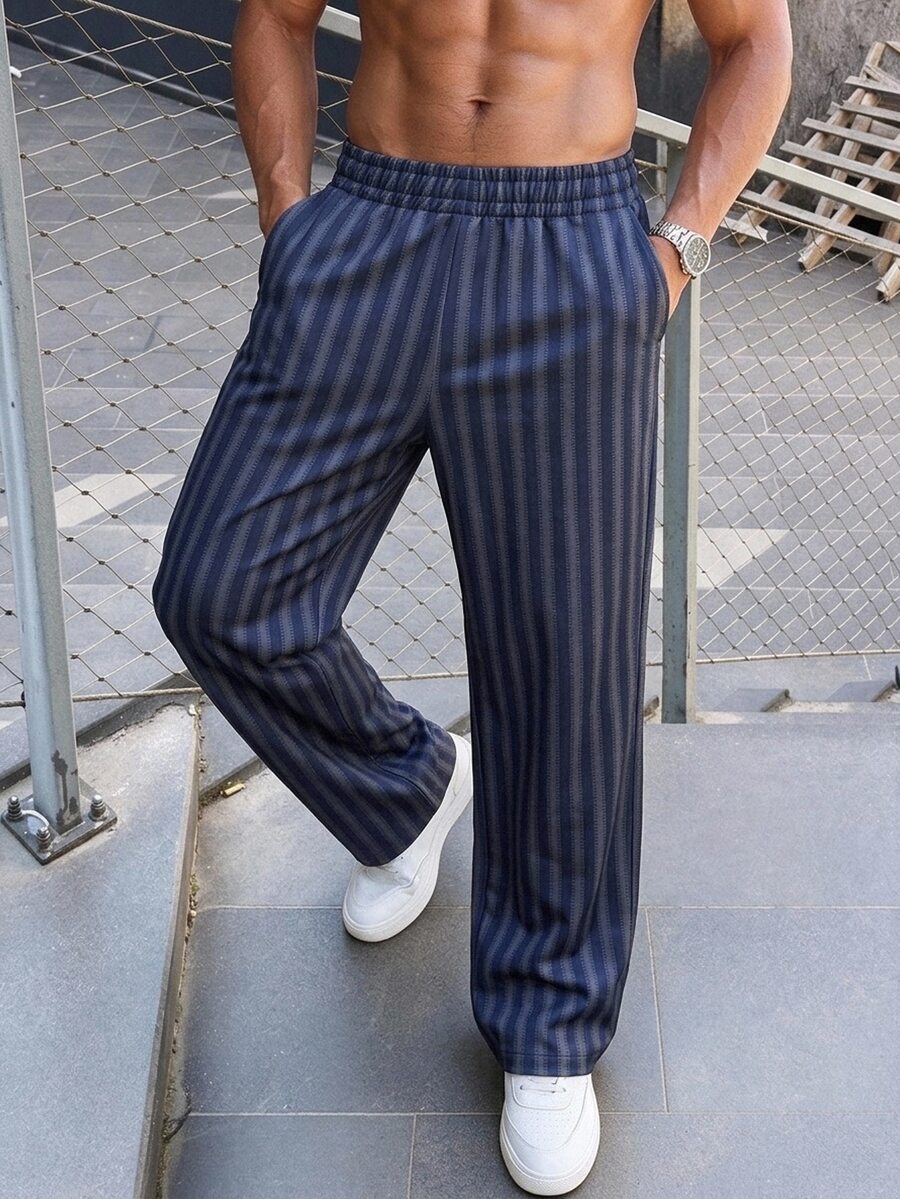 Manfinity Homme 男士條紋直筒休閒長褲,附側邊口袋 - 藏蓝色 - 查看 1