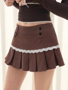 Sweetness Women's Autumn/Winter Corduroy Coffee Color Lace Trim Pleated Skirt - Mocha Brown - View 4