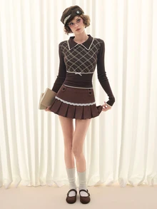 Sweetness Women's Autumn/Winter Corduroy Coffee Color Lace Trim Pleated Skirt - Mocha Brown - View 7