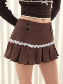Sweetness Women's Autumn/Winter Corduroy Coffee Color Lace Trim Pleated Skirt - Mocha Brown - View 6