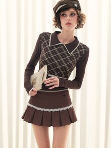 Sweetness Women's Autumn/Winter Corduroy Coffee Color Lace Trim Pleated Skirt - Mocha Brown - View 2