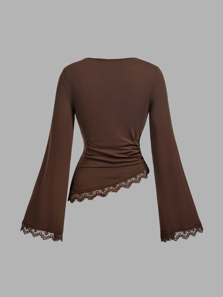SHEIN MOD Bộ 2 món, áo tay loe màu nâu trắng, áo nữ tay dài không đối xứng viền ren phong cách thường ngày, áo tay loe - Nhiều màu - Xem 6
