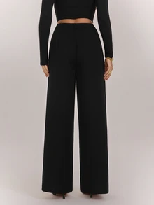SHEIN Tall Women's Solid Color Elegant Zipper Fly Straight Leg Pants, Suitable For Work And Business Wear - Black - View 2