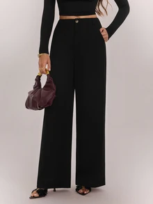 SHEIN Tall Women's Solid Color Elegant Zipper Fly Straight Leg Pants, Suitable For Work And Business Wear - Black - View 5