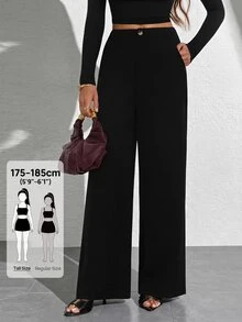 SHEIN Tall Women's Solid Color Elegant Zipper Fly Straight Leg Pants, Suitable For Work And Business Wear - Black - View 9