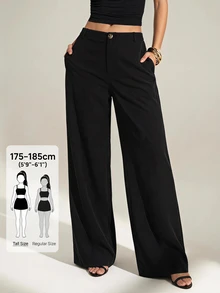 SHEIN Tall Women's Solid Color Elegant Zipper Fly Straight Leg Pants, Suitable For Work And Business Wear - Black - View 12