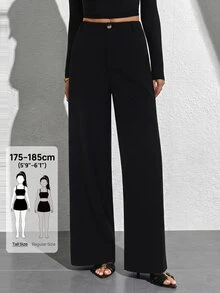 SHEIN Tall Women's Solid Color Elegant Zipper Fly Straight Leg Pants, Suitable For Work And Business Wear - Black - View 10