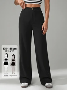 SHEIN Tall Women's Solid Color Elegant Zipper Fly Straight Leg Pants, Suitable For Work And Business Wear - Black - View 1