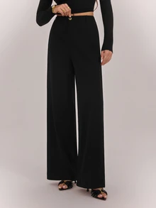SHEIN Tall Women's Solid Color Elegant Zipper Fly Straight Leg Pants, Suitable For Work And Business Wear - Black - View 4