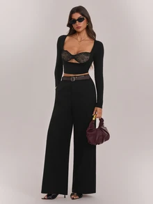 SHEIN Tall Women's Solid Color Elegant Zipper Fly Straight Leg Pants, Suitable For Work And Business Wear - Black - View 7