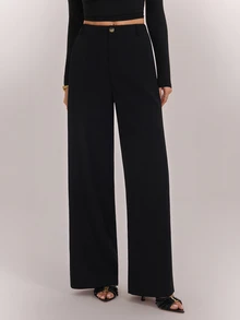SHEIN Tall Women's Solid Color Elegant Zipper Fly Straight Leg Pants, Suitable For Work And Business Wear - Black - View 6