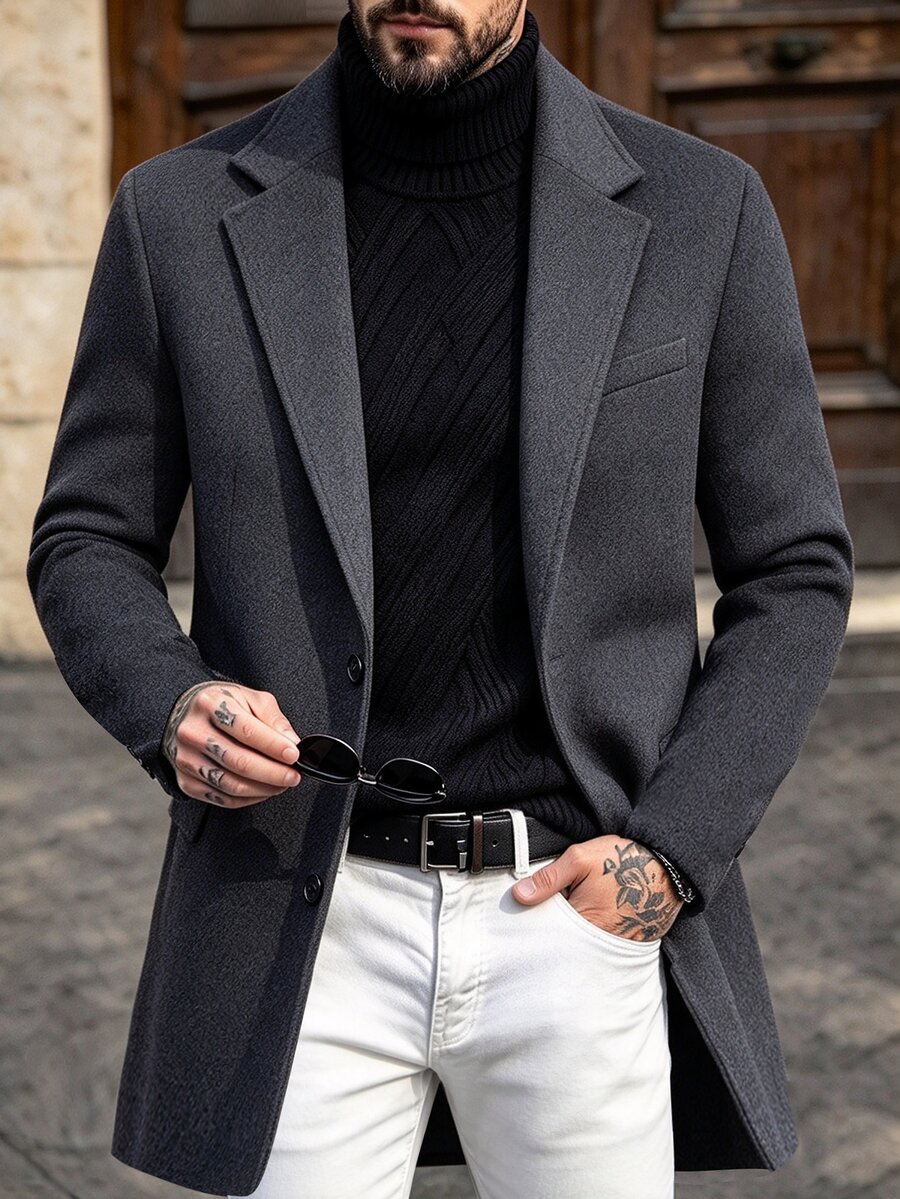 Manfinity Mode Men's Dark Gray Notch Lapel British Style Business Casual Elegant Overcoat - Dark Grey - View 1