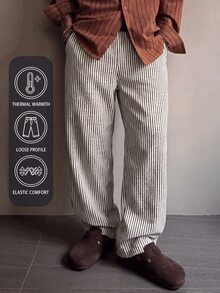 Manfinity Homme 男士條紋直筒寬鬆休閒長褲，附口袋 - 米色 - 查看 7