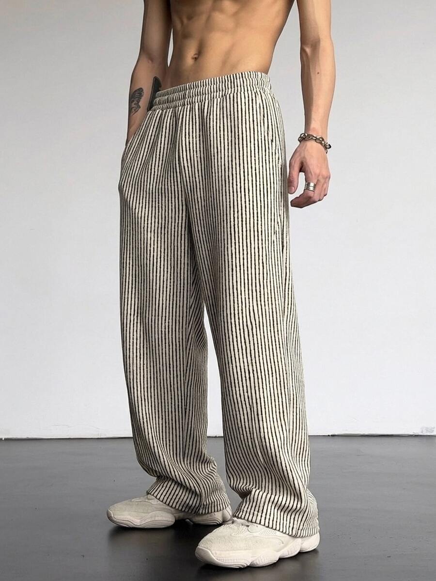 Manfinity Homme Men's Striped Straight Leg Loose Casual Pants With Pockets - Beige - View 1
