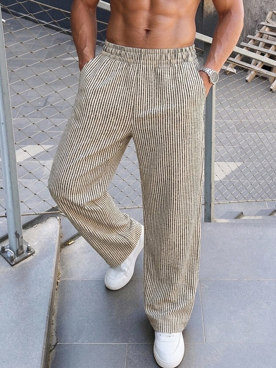 Manfinity Homme 男士條紋直筒寬鬆休閒長褲,附口袋 - 米色 - 查看 1