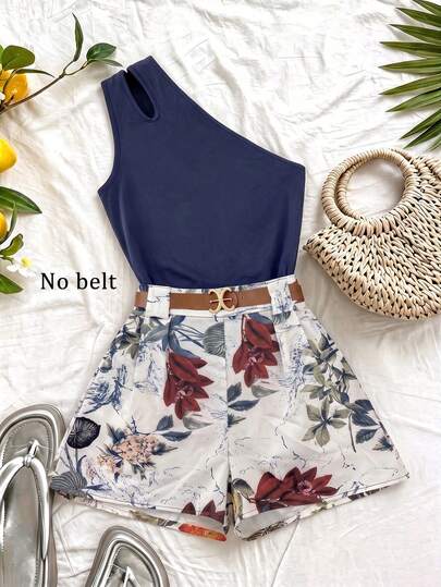 Roelina Women's Summer Floral Print Exotic Vacation Style Elegant Sexy 2-Piece Set, Blue Leaf Print Asymmetrical Shoulder Ruched Hollow Out Sleeveless Top And Fitted Shorts