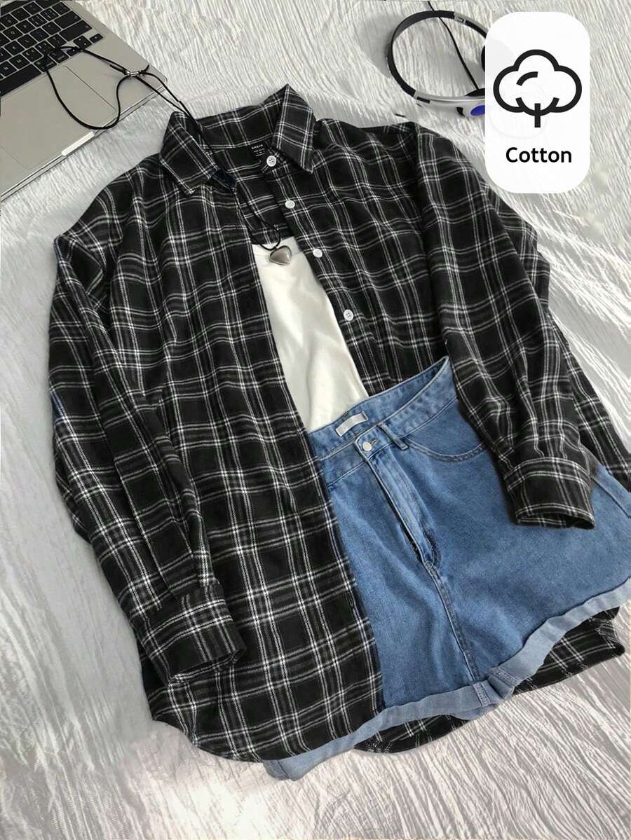 Elamini Vintage Plaid Preppy Style Loose Fit Women Blouse, Fashionable And Versatile For Autumn/Winter Women Shirt - Black and White - View 1