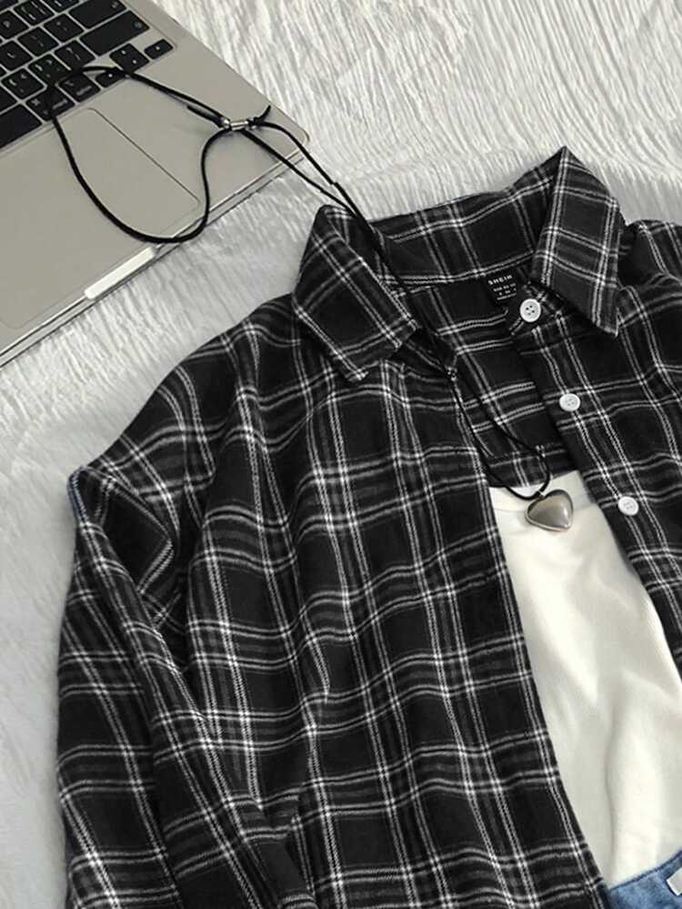 Elamini Vintage Plaid Preppy Style Loose Fit Women Blouse, Fashionable And Versatile For Autumn/Winter Women Shirt - Black and White - View 4