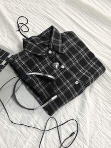 Elamini Vintage Plaid Preppy Style Loose Fit Women Blouse, Fashionable And Versatile For Autumn/Winter Women Shirt - Black and White - View 5