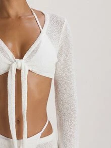 Musera Resort Knit Flared Sleeve Tie Front Cropped Cover Up Top Fall Autumn Winter Christmas Thanksgiving - White - View 2