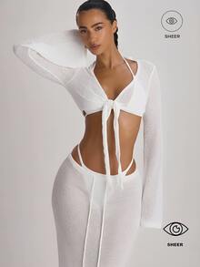 Musera Resort Knit Flared Sleeve Tie Front Cropped Cover Up Top Fall Autumn Winter Christmas Thanksgiving - White - View 1