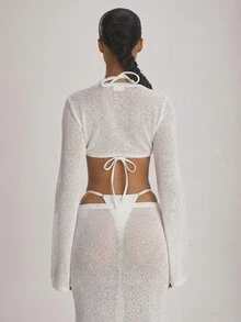 Musera Resort Knit Flared Sleeve Tie Front Cropped Cover Up Top Fall Autumn Winter Christmas Thanksgiving - White - View 4