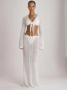 Musera Resort Knit Flared Sleeve Tie Front Cropped Cover Up Top Fall Autumn Winter Christmas Thanksgiving - White - View 5