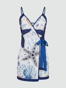 SHEIN Swim Women's Starfish Pattern Side Knot Camisole Dress - Multicolor - View 3