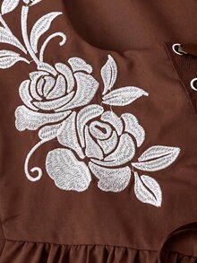 Skyraze 女款刺繡繫帶無袖洋裝，黑白鄉村風茶會秋季款，優雅花卉哥德式束腰中長裙，海盜維多利亞風 - 棕色 - 查看 6