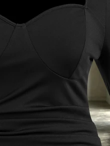 SHEIN LUNE CURVE Plus Size Women Pure Black Bustier Faux Fishbone Strapless Square Neck Puff Long Sleeve Slimming Mermaid Bodycon Dress Fall - Black - View 4