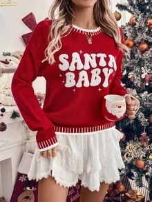 SHEIN EZwear 女款字母圖案休閒可愛學院風紅白毛衣針織衫 Santa Baby 2026秋冬聖誕新年派對日常度假穿搭 - 紅色 - 查看 1