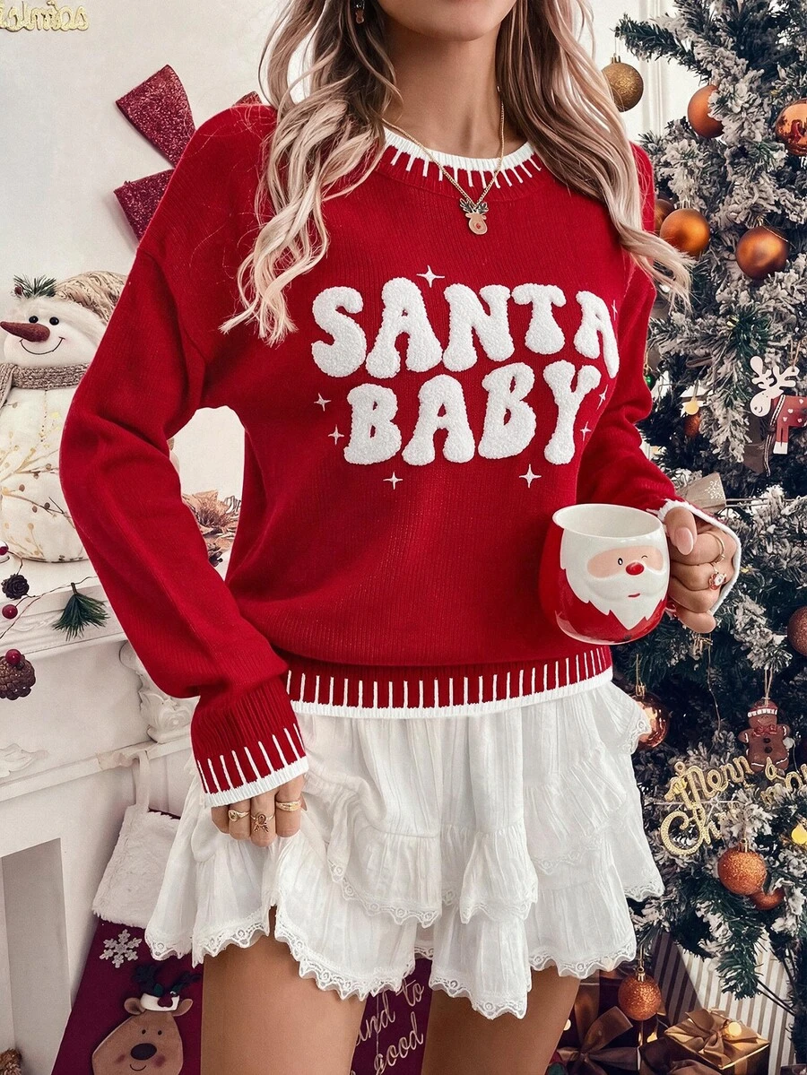 SHEIN EZwear 女款字母圖案休閒可愛學院風紅白毛衣針織衫 Santa Baby 2026秋冬聖誕新年派對日常度假穿搭 - 紅色 - 查看 1