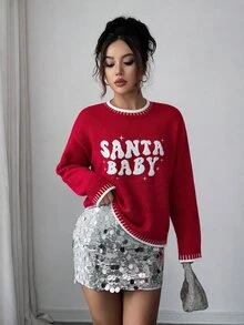 SHEIN EZwear 女款字母圖案休閒可愛學院風紅白毛衣針織衫 Santa Baby 2026秋冬聖誕新年派對日常度假穿搭 - 紅色 - 查看 7