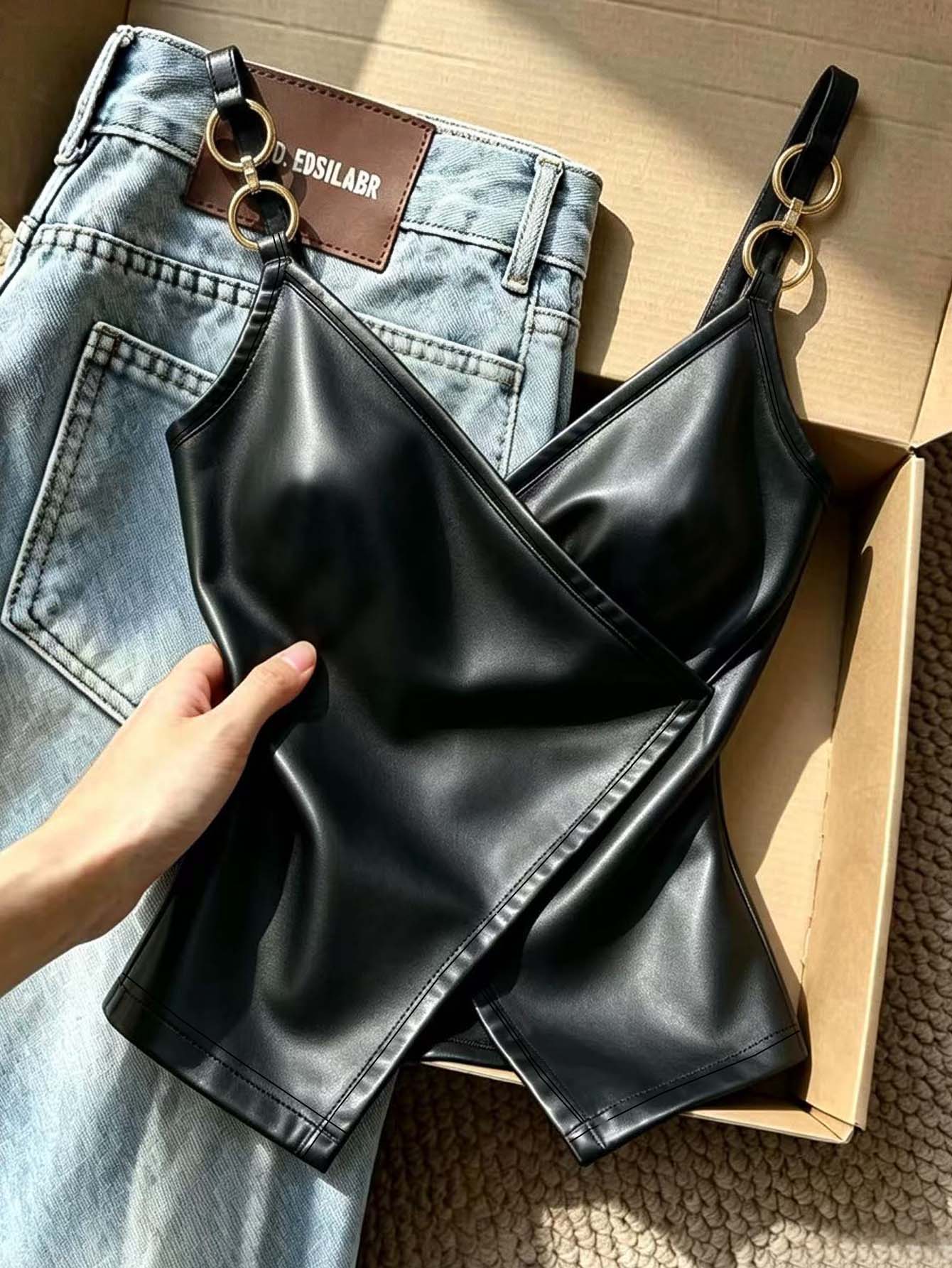 Resyla Women's Solid Color PU Leather Criss-Cross Chain Strap Fashion Camisole Halloween Club Going Out Black Summer Sexy - Black - View 1